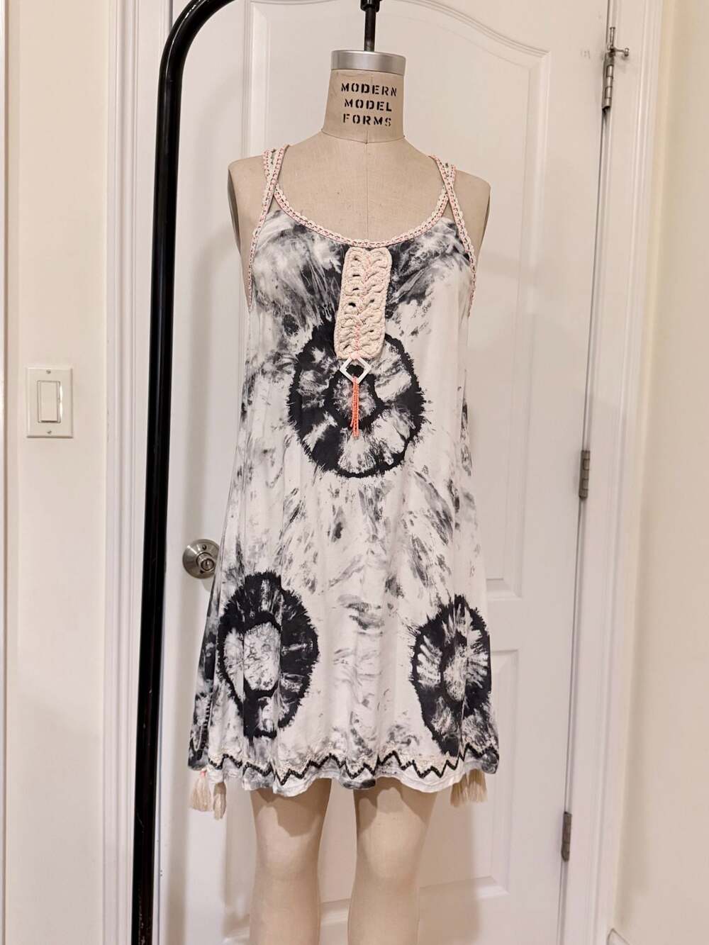 Skemo Black and White Tie-Dye Crochet Halter Dress with Tassels, Size M